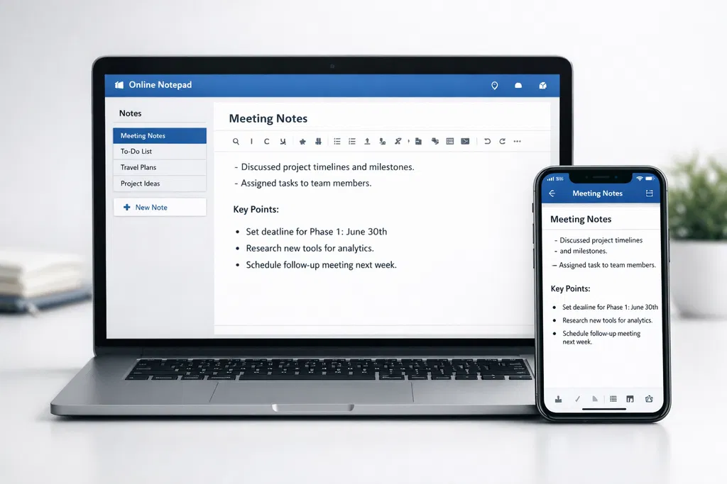 Online notepad interface adapting to different screen sizes